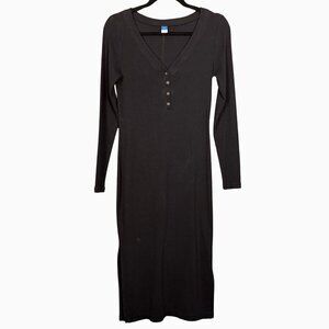 Old Navy Ribbed Black Button Front Midi Dress Medium Long Sleeve Cotton Stretch